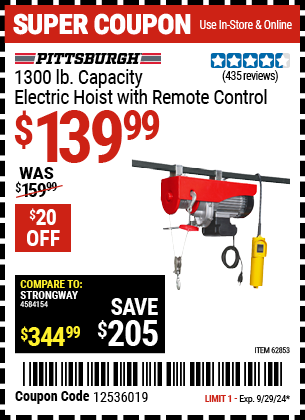 Buy the PITTSBURGH AUTOMOTIVE 1300 lb. Electric Hoist with Remote Control (Item 62853) for $139.99, valid through 9/29/2024.