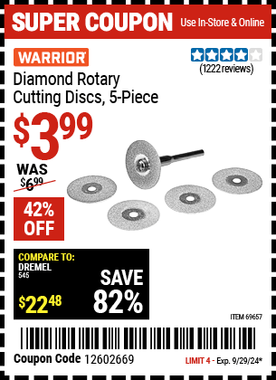 Buy the WARRIOR Diamond Rotary Cutting Discs 5 Pk. (Item 69657) for $3.99, valid through 9/29/2024.