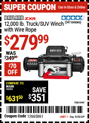 Buy the BADLAND ZXR 12,000 lb. Truck/SUV Winch with Wire Rope (Item 59407) for $279.99, valid through 9/29/2024.