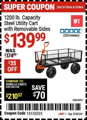 Buy the HFT 1200 lb. Capacity Steel Utility Cart with Removable Sides (Item 58473) for $139.99, valid through 9/29/2024.