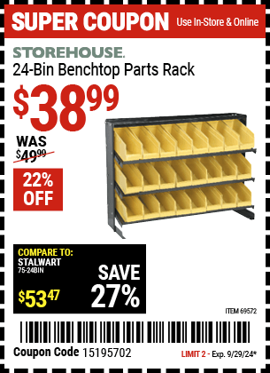 Buy the STOREHOUSE 24 Bin Bench Top Parts Rack (Item 69572) for $38.99, valid through 9/29/2024.