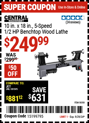 Buy the CENTRAL MACHINERY 10 in. x 18 in., 5-Speed, 1/2 HP Benchtop Wood Lathe (Item 58358) for $249.99, valid through 9/29/2024.