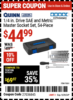 Buy the QUINN 1/4 in. Drive SAE and Metric Master Socket Set, 54-Piece (Item 70261) for $44.99, valid through 9/29/2024.