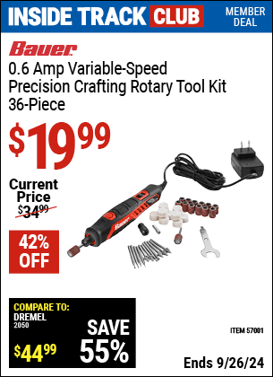 Inside Track Club members can Buy the BAUER Variable Speed Precision Crafting Rotary Tool (Item 57001) for $19.99, valid through 9/26/2024.