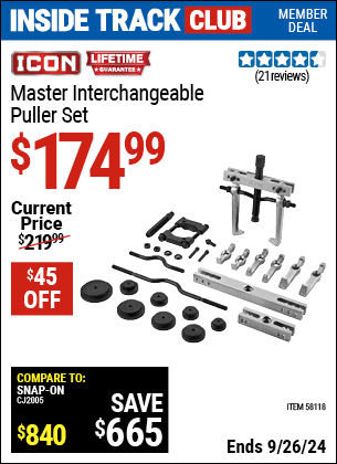 Inside Track Club members can Buy the ICON Master Interchangeable Puller Set (Item 58118) for $174.99, valid through 9/26/2024.