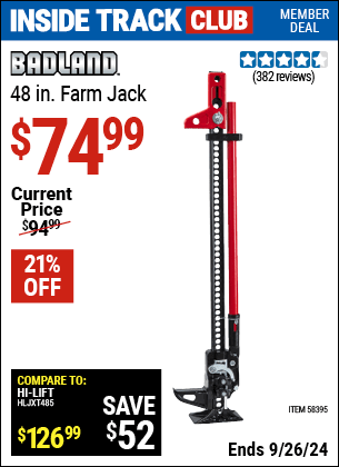 Inside Track Club members can Buy the BADLAND 48 in. Trail Jack (Item 58395) for $74.99, valid through 9/26/2024.