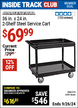 Inside Track Club members can Buy the 24 in. x 36 in. Two Shelf Steel Service Cart (Item 62587/5770) for $69.99, valid through 9/26/2024.