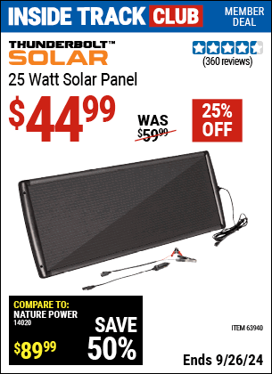 Inside Track Club members can Buy the THUNDERBOLT 25 Watt Solar Panel (Item 63940) for $44.99, valid through 9/26/2024.