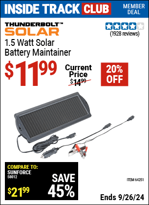 Inside Track Club members can Buy the THUNDERBOLT 1.5 Watt Solar Battery Charger (Item 64251) for $11.99, valid through 9/26/2024.