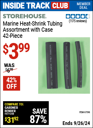 Inside Track Club members can Buy the STOREHOUSE Marine Heat Shrink Tubing Assortment With Case 42 Pc. (Item 67598) for $3.99, valid through 9/26/2024.