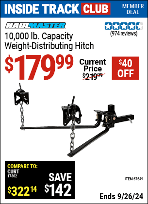 Inside Track Club members can Buy the HAUL-MASTER 10000 Lbs. Capacity Weight-Distributing Hitch (Item 67649) for $179.99, valid through 9/26/2024.