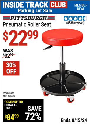 Inside Track Club members can buy the PITTSBURGH AUTOMOTIVE Pneumatic Roller Seat (Item 46319/63456) for $22.99, valid through 8/15/2024.