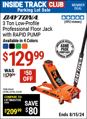 Inside Track Club members can buy the DAYTONA 3 Ton Low Profile Professional Rapid Pump Floor Jack (Item 56643/64240/64780/64784) for $129.99, valid through 8/15/2024.