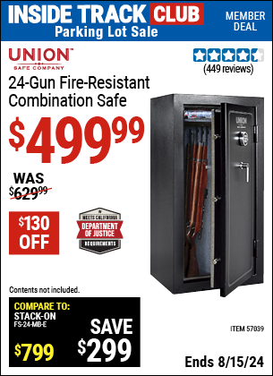 Inside Track Club members can buy the UNION SAFE COMPANY 24 Gun Fire Resistant Combination Safe (Item 57039) for $499.99, valid through 8/15/2024.