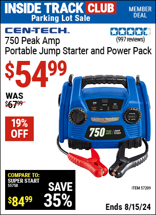 Inside Track Club members can buy the CEN-TECH 750 Peak Amp Jump Starter And 12V Power Pack USB LED Work Light (Item 57209) for $54.99, valid through 8/15/2024.