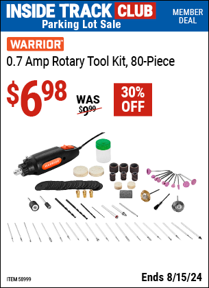 Inside Track Club members can buy the WARRIOR 0.7 Amp Rotary Tool Kit (Item 58999) for $6.98, valid through 8/15/2024.