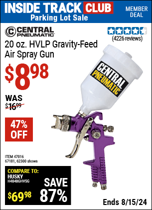 Inside Track Club members can buy the CENTRAL PNEUMATIC 20 oz. HVLP Gravity Feed Air Spray Gun (Item 62300/47016/67181) for $8.98, valid through 8/15/2024.