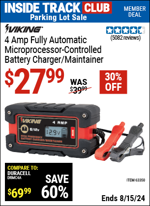 Inside Track Club members can buy the VIKING 4 Amp Fully Automatic Microprocessor Controlled Battery Charger/Maintainer (Item 63350) for $27.99, valid through 8/15/2024.