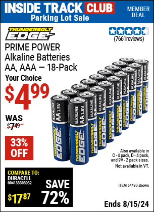 Inside Track Club members can buy the THUNDERBOLT EDGE Alkaline Batteries (Item 64490/64491/64489/64492/64493) for $4.99, valid through 8/15/2024.