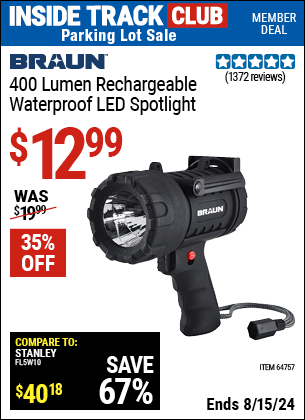 Inside Track Club members can buy the BRAUN 400 Lumen Waterproof Rechargeable LED Spotlight (Item 64757) for $12.99, valid through 8/15/2024.