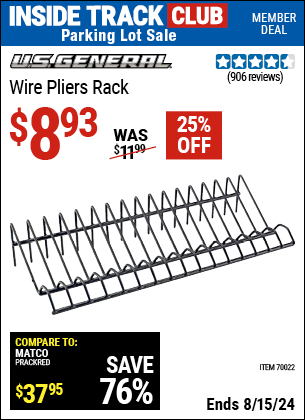 Inside Track Club members can buy the U.S. GENERAL Wire Pliers Rack (Item 70022) for $8.93, valid through 8/15/2024.