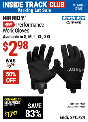 Inside Track Club members can buy the HARDY Performance Work Gloves (Item 70257/70264/70266/70267/70277) for $2.98, valid through 8/15/2024.