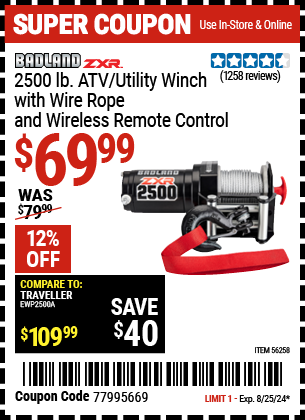 Buy the BADLAND 2500 lb. ATV/Utility Electric Winch With Wireless Remote Control (Item 56258) for $69.99, valid through 8/25/2024.