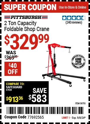 Buy the PITTSBURGH 2 Ton Capacity Foldable Shop Crane (Item 58755) for $329.99, valid through 9/8/2024.