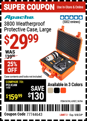 Buy the APACHE 3800 Weatherproof Protective Case, Large (Item 56766/56769/63927) for $29.99, valid through 9/8/2024.