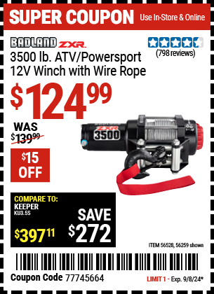 Buy the BADLAND ZXR 3500 lb. ATV/Powersport 12V Winch With Wire Rope (Item 56259/56528) for $124.99, valid through 9/8/2024.