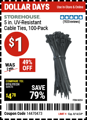 Buy the STOREHOUSE 5 in. Cable Ties 100 Pk. (Item 60254) for $1, valid through 8/14/24.