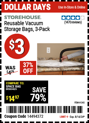 Buy the STOREHOUSE Vacuum Storage Bags Set of Three (Item 61242) for $3, valid through 8/14/24.