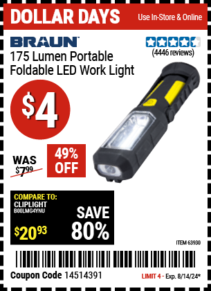 Buy the BRAUN Portable Folding LED Work Light (Item 63930) for $4, valid through 8/14/24.