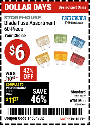 Buy the STOREHOUSE ATM Mini Blade Fuse Set 60 Pc. (Item 67664) for $6, valid through 8/14/24.