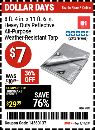 Buy the HFT 8 ft. 4 in. x 11 ft. 6 in. Heavy Duty Reflective All-Purpose Weather-Resistant Tarp (Item 30873) for $7, valid through 8/14/24.