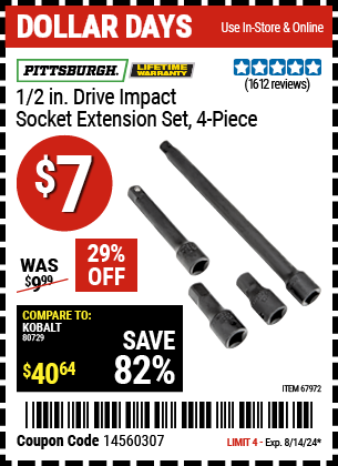 Buy the PITTSBURGH 4 Pc 1/2 in. Drive Impact Socket Extension Set (Item 67972) for $7, valid through 8/14/24.