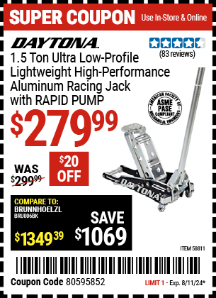 Buy the DAYTONA 1.5 ton Ultra Low Profile High Performance Aluminum Racing Jack with RAPID PUMP (Item 58811) for $279.99, valid through 8/11/2024.