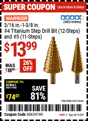 Buy the WARRIOR Titanium Coated High Speed Steel Step Bit Set 2 Pc. (Item 96275) for $13.99, valid through 8/11/2024.