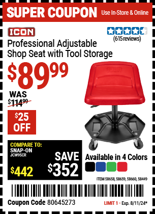 Buy the ICON Professional Adjustable Shop Seat with Tool Storage (Item 58449/58658/58659/58660) for $89.99, valid through 8/11/2024.