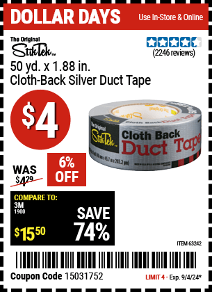 Buy the STIKTEK 50 yd. x 1.88 in. Cloth Back Silver Duct Tape (Item 63242) for $4, valid through 9/4/2024.