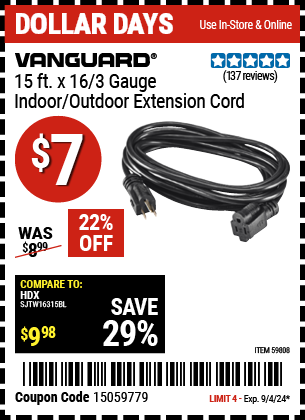 Buy the VANGUARD 15 ft. x 16/3 Gauge Indoor/Outdoor Extension Cord, Black (Item 59808) for $7, valid through 9/4/2024.