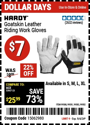 Buy the HARDY Goatskin Riding Work Gloves (Item 99580/99581/99582/99583) for $7, valid through 9/4/2024.