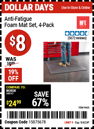 Buy the HFT Anti-Fatigue Foam Mat Set 4 Pc. (Item 94635) for $8, valid through 9/4/2024.