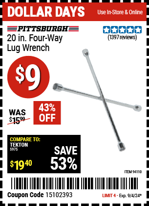 Buy the PITTSBURGH AUTOMOTIVE 20 in. Four-Way Lug Wrench (Item 94110) for $9, valid through 9/4/2024.