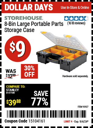 Buy the STOREHOUSE 8 Bin Large Portable Parts Storage Case (Item 93927) for $9, valid through 9/4/2024.