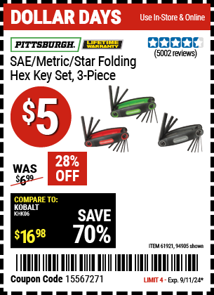 Buy the PITTSBURGH SAE/Metric/Star Folding Hex Key Set, 3-Piece (Item 94905/61921) for $5, valid through 9/11/2024.