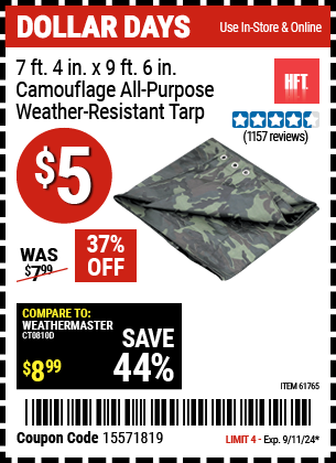 Buy the HFT 7 ft. 4 in. x 9 ft. 6 in. Camouflage All Purpose/Weather Resistant Tarp (Item 61765) for $5, valid through 9/11/2024.