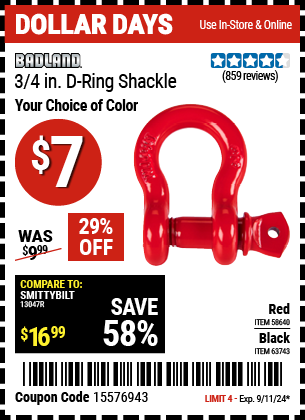 Buy the BADLAND 3/4 in. D-Ring Shackle (Item 58640/63743) for $7, valid through 9/11/2024.