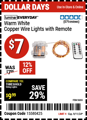 Buy the LUMINAR EVERYDAY Warm White Copper Wire Lights With Remote (Item 56833) for $7, valid through 9/11/2024.