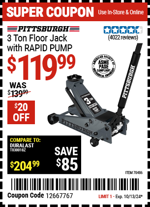 Buy the PITTSBURGH 3 Ton Floor Jack with RAPID PUMP, Slate Gray (Item 70486) for $119.99, valid through 10/13/2024.